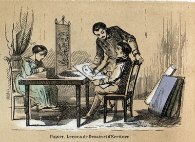 Description of the various products and uses of paper: a drawing and writing court. Plate “” Le papier et ses produits”” in “” les Recreations instructives”” Synoptique painting by Jules Delbruck, engraving from 1860. Private collection. av French School