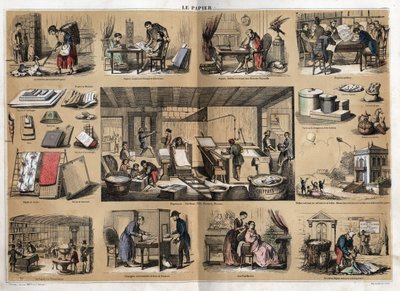 Description of the various products and uses of paper: at the centre are activities in a stationery, making paper from rags, pulp, shapes and press. Various uses, drawing paper, scientist Buffon writing his Natural History, reading public papers (newspaper av French School
