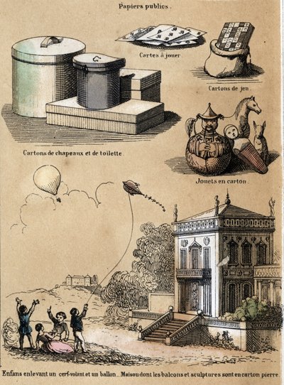 Beschreibung der verschiedenen Produkte und Verwendungen von Papier: Karton- und Hutschachteln, Spielkarten, Spiele wie Drachen oder Ballons. Tafel „Das Papier und seine Produkte“ in „les Recreations instructives“ Synoptisches Gemälde von Jules Delbruck, G von French School