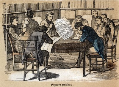 Description of the various products and uses of paper: reading public papers (newspapers). Plate “” Le papier et ses produits”” in “” les Recreations instructives”” Synoptique painting by Jules Delbruck, engraving from 1860. Private collection. av French School