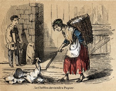 Beskrivelse av de ulike produktene og bruken av papir: samlingen av gamle filler som papiret er avledet fra. Plate "" Le papier et ses produits"" i "" les Recreations instructives"" Synoptisk maleri av Jules Delbruck av French School