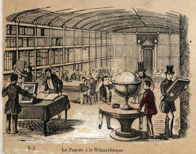 Beskrivelse av de ulike produktene og bruken av papir: utsikt over et bibliotek som inneholder papirverk. Plate "" Le papier et ses produits"" i "" les Recreations instructives"" Synoptisk maleri av Jules Delbruck, g av French School