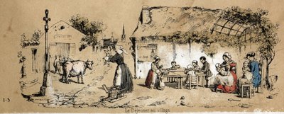Description of the various products and uses of the cow: scene of daily life in a village. Plate “” La coache et ses produits”” in “” les Recreations instructives”” Synoptique painting by Jules DELBRUCK, engraving from 1860. Private collection. av French School