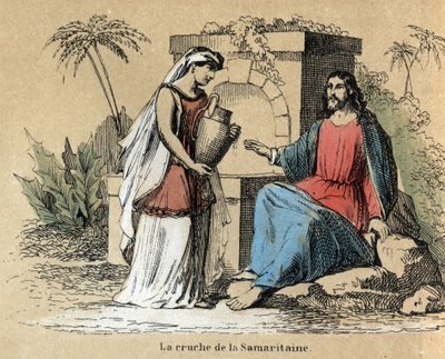 Beskrivelse av de ulike stadiene av fremstilling og bruk av leire: Jesus og samaritan bærer en leirmugge i Bibelen. Plate "" Leiren og dens produkter"" i "" Les Recreations instructives"" Synoptisk maleri av Jules DELBRUCK, gravering fra 1860. Privat av French School