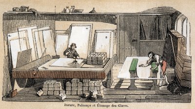 Description of the various stages of manufacture and use of glass: a workshop for gilding, polishing and stamping of glass. Plate “” Glass and its products”” in “” Les Recreations instructives”” Synoptic painting by Jules DELBRUCK, engraving from 1860. Pri av French School