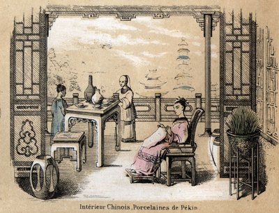 Beskrivelse av de ulike produksjonsstadiene og bruken av leire: et kinesisk interiør med Pekin-porselen. Plate "" Leiren og dens produkter"" i "" Les Recreations instructives"" Synoptisk maleri av Jules DELBRUCK, gravering fra 1860. Private collecti av French School