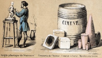 Description of the various stages of manufacture and uses of clay: a sculptor shaping clay and using clay for cement and earth moulds. Plate “” The clay and its products”” in “” Les Recreations instructives”” Synoptic painting by Jules DELBRUCK, engraving  av French School