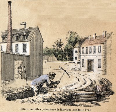 Description of the various stages of manufacture and uses of clay: construction site in the building, tile roofs, water pipes and factory chimney. Plate “” The clay and its products”” in “” Les Recreations instructives”” Synoptic painting by Jules DELBRUCK av French School
