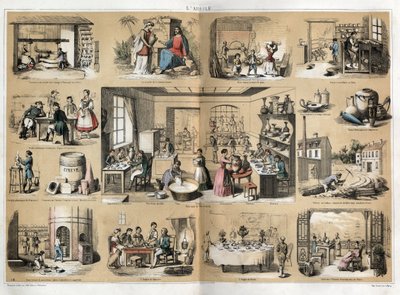Description of the various stages of manufacture and uses of clay: in the centre a workshop for the manufacture of porcelain (painting, gilding, repairing), at the top stage of crushing the clay and then of its peeling, then description of the oven to bake av French School