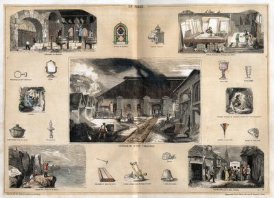 Description of the various stages of manufacture and uses of glass: view of the interior of a glass factory, manufacture of bottles in a glass blower workshop, gilding, polishing and stamping of ice, and various objects (microscope, mirror, glasses, thermo av French School