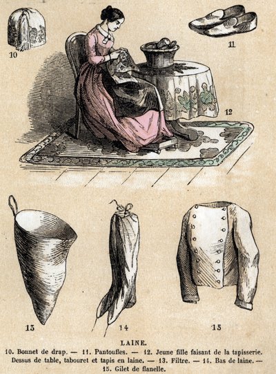 Beskrivelse av ulike bruksområder og produkter av sau: billedvev og ullprodukter, lue, tøfler, ullstrømper, flanellvest. Plate "" Les Moutons"" i "" les Recreations instructives"" Synoptisk maleri av Jules DELBRUCK, gravering fra 1860. Privat av French School