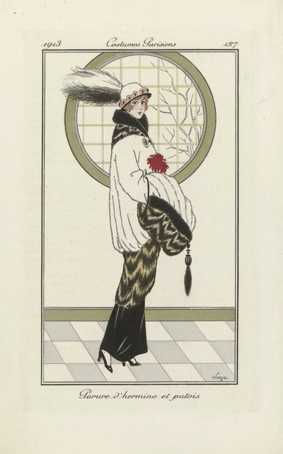 Design for Ermine and Polecat Ensemble, fra Costumes Parisien, utgitt 1913 (sjablongtrykk) av French School