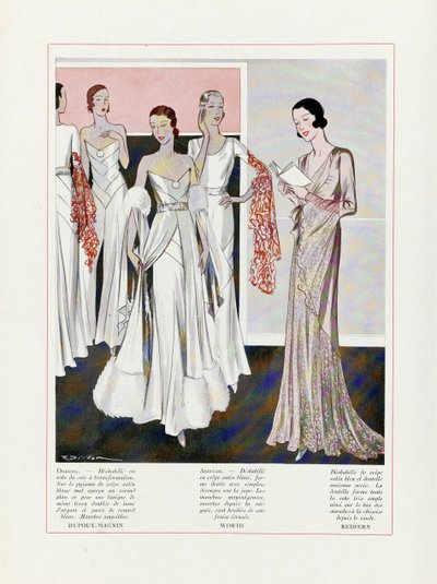Design for aftenkjoler av Depouy-Magnin, Worth og Redfern, pub. 1931 fargelitografi. av French School