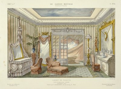 Design for et baderomsinnredningsmøbel fra Le Garde-Meuble, Pub. Paris, ca. 1890 (fargelitografi) av French School