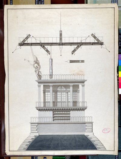 Design for en Chappe-telegrafstasjon for en av kuplene til Louvre, Paris, tidlig på 1800-tallet (penn og blekk og wc på papir) av French School