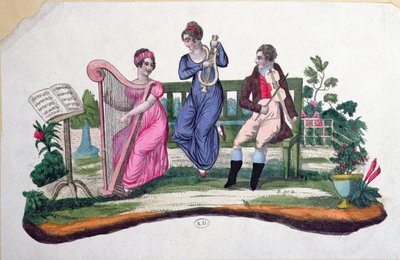 Design for en fan som viser en utendørskonsert, ca. 1830 av French School