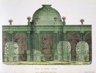 Design for et arkadeformet trelliswork-galleri med en sentral kuppel, publisert for Bureau de Moniteur des Menusiers, Paris av French School