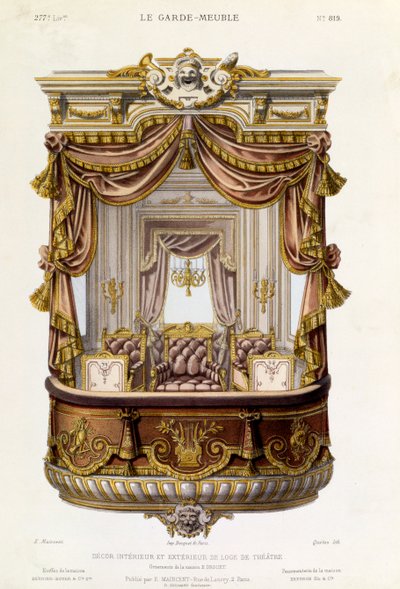 Design for interiør og eksteriør av en teaterboks, illustrasjon fra magasinet Le Garde-Meuble, ca. 1860 av French School