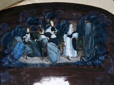 Design for dekorasjon av en vifte som viser et teselskap (gouache på papir) av French School