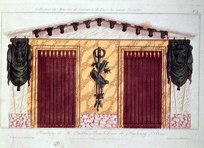 Design for fasaden til en slakterbutikk, fra en serie som viser de best dekorerte kommersielle bygningene i Paris, ca. 1810 (farge litho) av French School