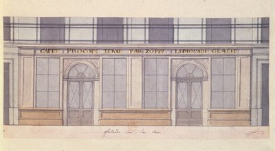Design for fasaden til Cafe Procope, tidlig på 1800-tallet (penn og blekk og wc på papir) av French School