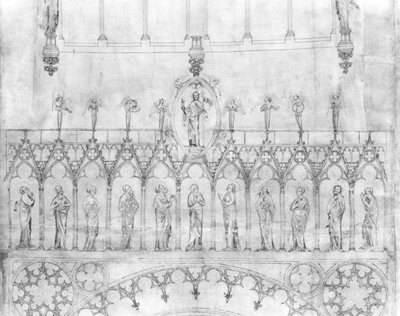 Design for kongegalleriet på fasaden til katedralen i Strasbourg, ca. 1380 (penn & blekk & gouache på papir) (detalj) (se 207686) av French School