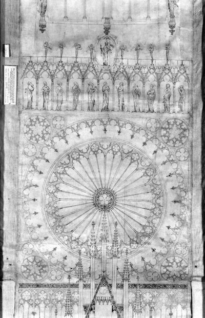 Design for rosevinduet og kongegalleriet på fasaden til katedralen i Strasbourg, ca. 1380 (penn & blekk & gouache på papir) (se detalj 207685) av French School