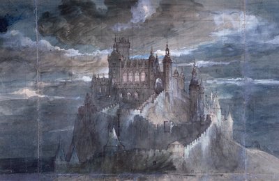 Design for sceneteppet for en forestilling av Hamlet på Comedie Francaise, 1884 (penn og blekk og wc på papir) av French School