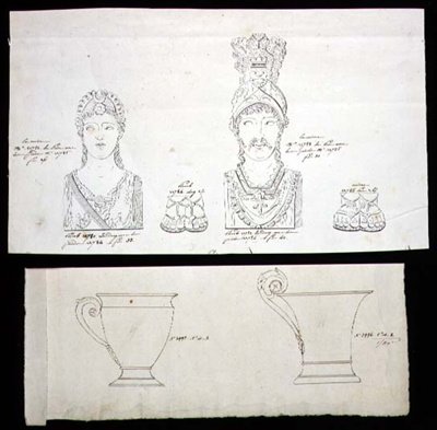 Design for ormolu-møbelfester i forgylt bronse og porselenskopper fra det franske imperiet, ca. 1820 (penn og blekk på papir) av French School