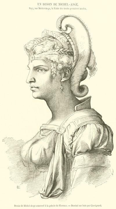 Tegning av Michelangelo oppbevart på galleriet i Firenze (gravering) av French School