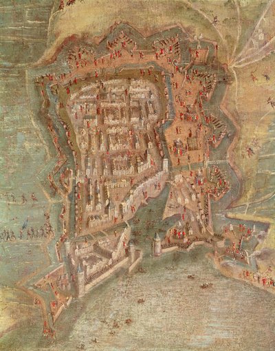 Detalj - Beleiringen av La Rochelle av troppene til kardinal Richelieu i 1627-68 (olje på lerret) av French School