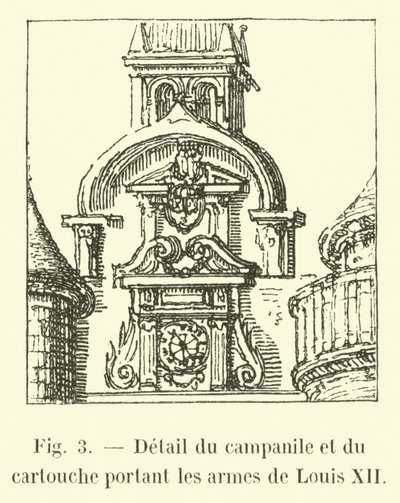 Detalj av campanile og kartusj som bærer armene til Ludvig XII av French School