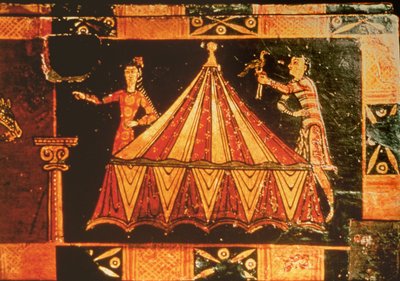 Detalj fra en bryllupskrin som viser to figurer ved et telt (malt vellum på tre) av French School