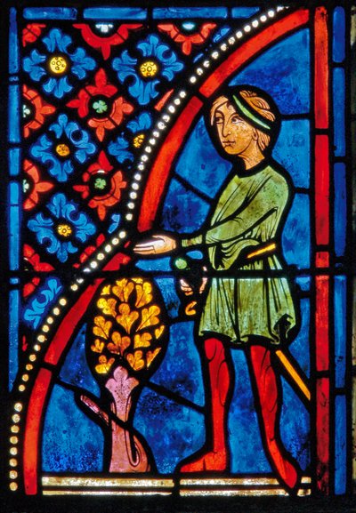 Detalj fra et vindu som viser scener fra livet til St. Mary den egyptiske av French School