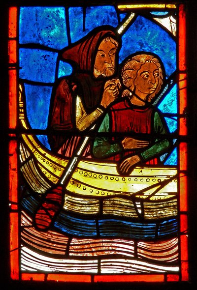 Detalj fra et vindu som viser scener fra livet til St. Mary den egyptiske av French School