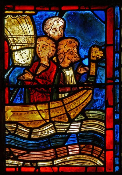 Detalj fra et vindu som viser scener fra livet til St. Mary den egyptiske av French School