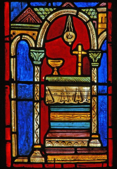 Detalj fra et vindu som viser scener fra livet til St. Mary den egyptiske av French School