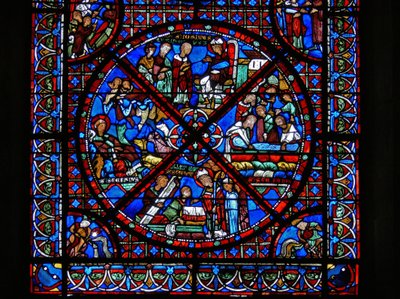 Detalj fra et vindu som viser scener fra St. Stephens liv av French School