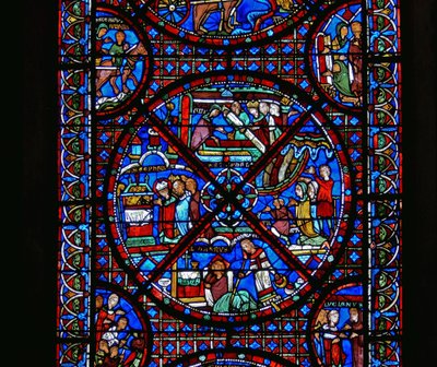 Detalj fra et vindu som viser scener fra St. Stephens liv av French School