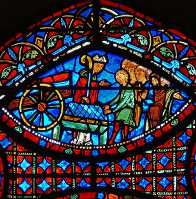Detalj fra et vindu som viser scener fra St. Stephens liv: biskop og kiste av French School