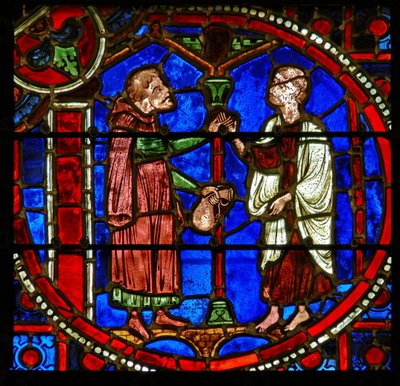 Detalj fra et vindu som viser scener fra miraklet til Theophilus av French School