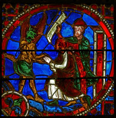 Detalj fra et vindu som viser scener fra miraklet til Theophilus av French School