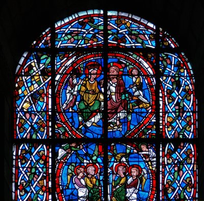 Detalj fra et vindu som viser kroningen, fra Jomfru Marias død og himmelfart av French School