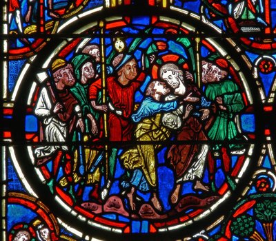 Detalj fra et vindu som viser lidenskapen: Judas svik av French School