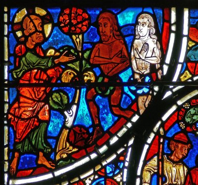 Detalj fra et vindu som viser lignelsen om den barmhjertige samaritan: Gud konfronterer Adam og Eva av French School