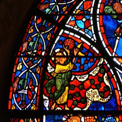 Detalj fra et vindu som viser lignelsen om den barmhjertige samaritan: Gud skaper solen, månen og stjernene av French School