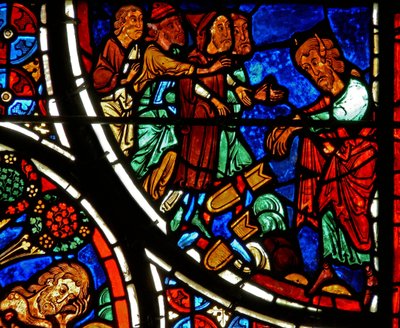 Detalj fra et vindu som viser lignelsen om den barmhjertige samaritan: Moses kaster ned tavlene av French School