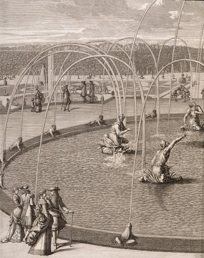 Detalj av fontenen til Diana og Apollo i Versailles, fra 'Les Plans, Profils et Elevations des Ville et Chateau de Versailles', utgitt ca. 1715 (gravering) av French School