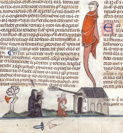 Detalj av en bas-de-page-scene av en eremitt som sitter utenfor en taverna og drikker øl, ca. 1300-40 (blekk på pergament) av French School
