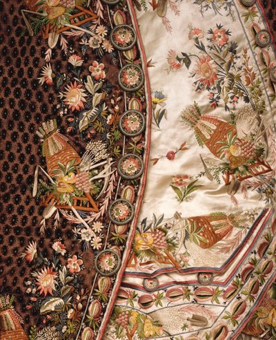 Detalj av en praktfull drakt av brunskåret fløyel, bestående av frakk, knebukser og midje av elfenbensateng brodert med eget bad, ca. 1760 av French School